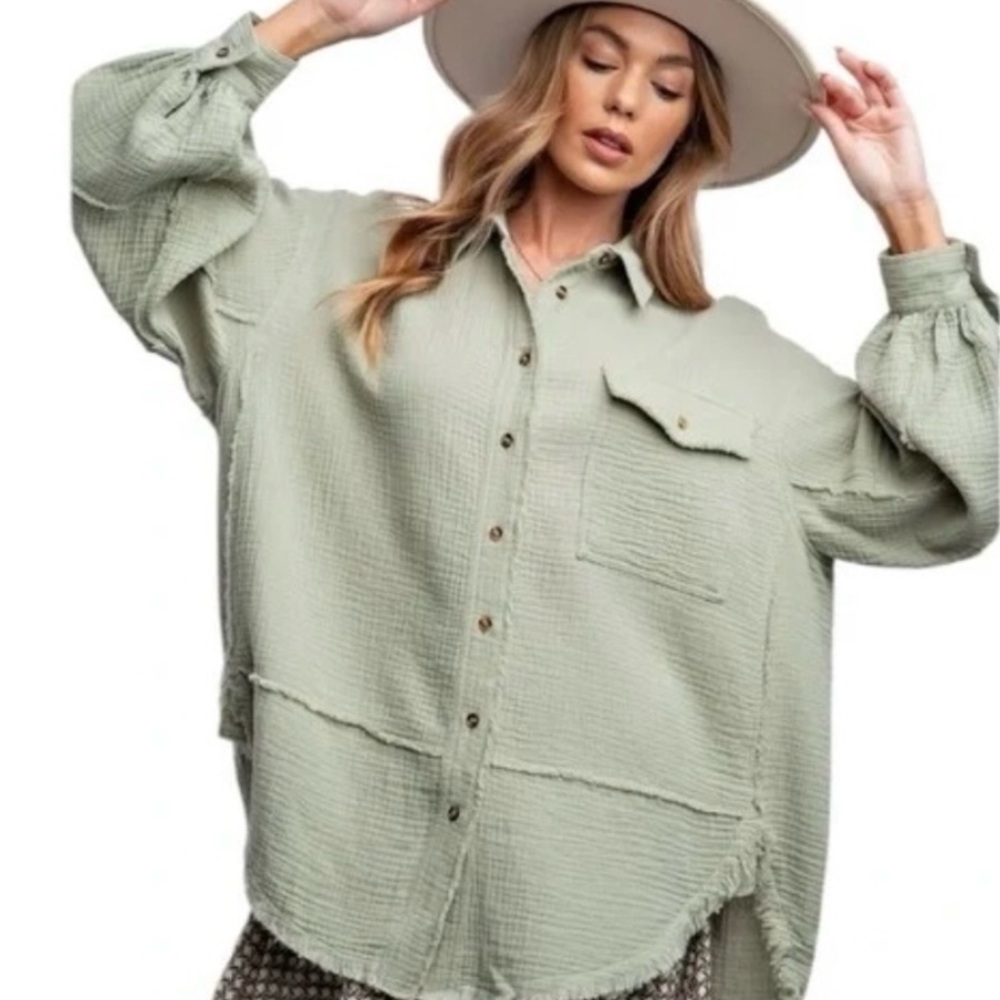 Easel Los Angeles Olive Green Cotton Gauze Oversized Vacation Beach Button Down